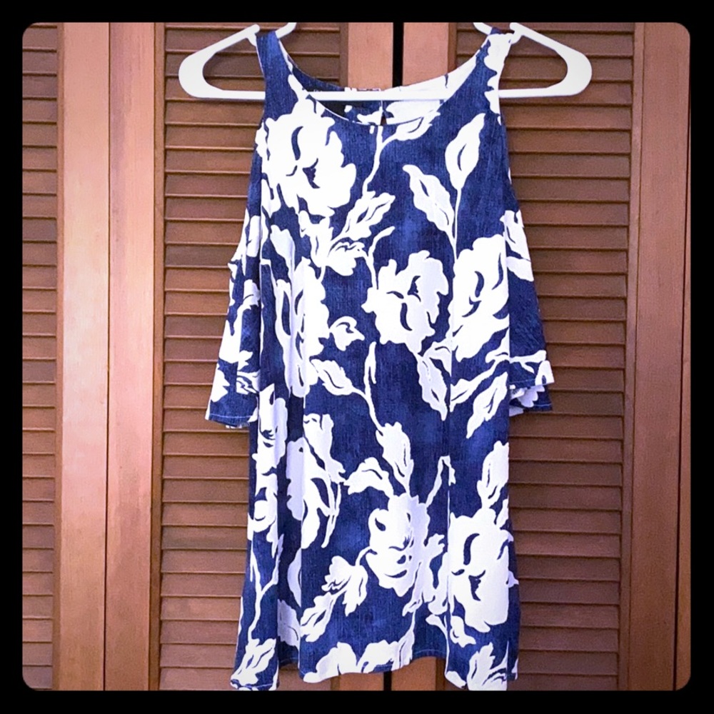 Adorable INC denim blue and white blouse L